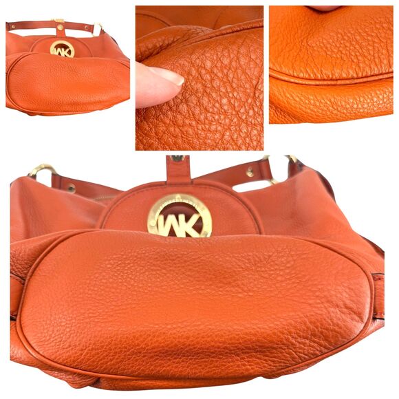 MICHAEL KORS Fulton Large Hobo Bag Orange Pebble Leather Purse Gold Plated Logo - Picture 11 of 15